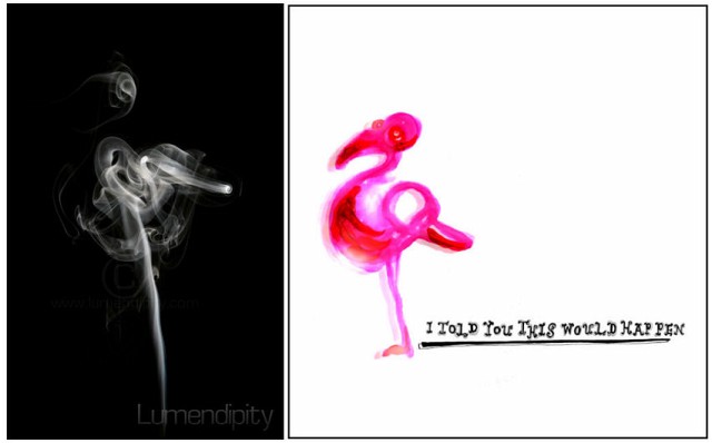 Flamingo.jpg - Swan of Sorrow -  Stoffel De Roover / Lumendipity  "I told you this would happen" By Kayleigh Brookes   "I chose the image entitled Swan of Sorrow, but I found it looked more like a Flamingo to me, and I always think Flamingo's look annoyed about something.I used marker pen, fineliner pen, ink and acrylic paint to create this image. I enjoy the contrast between the somewhat serious looking smoke photographs and my quirky and bright interpretation. "